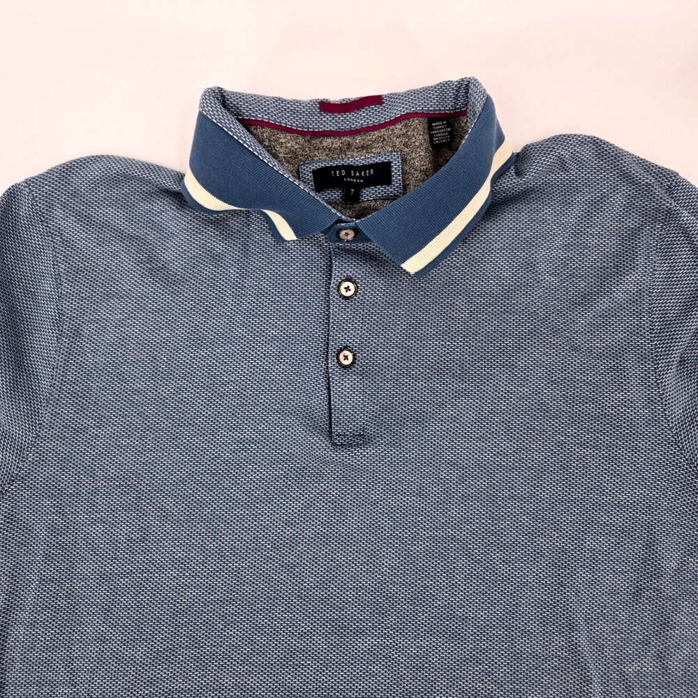 Ted Baker London Polo Shirt 7 Blue‎ Textured Cotton US Size 3XL / 4XL 23x27 VGUC